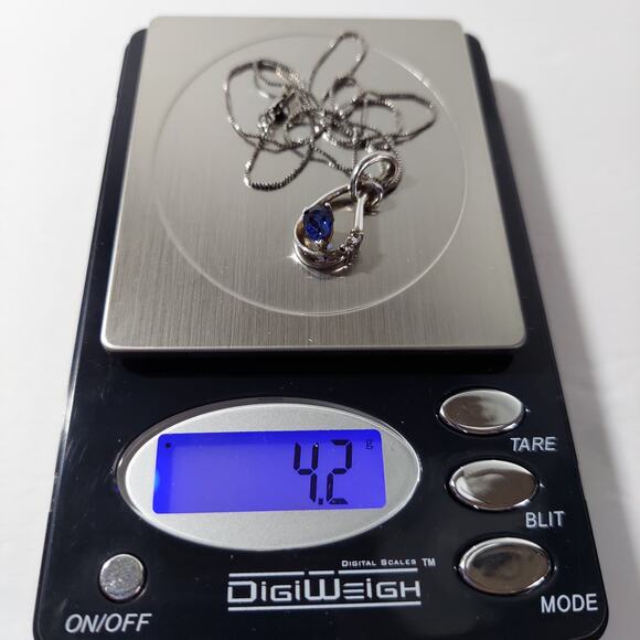 Blue Sapphire & Diamond Teardrop Knot Pendant Necklace Sterling 18" Chain 925 - Picture 9 of 10